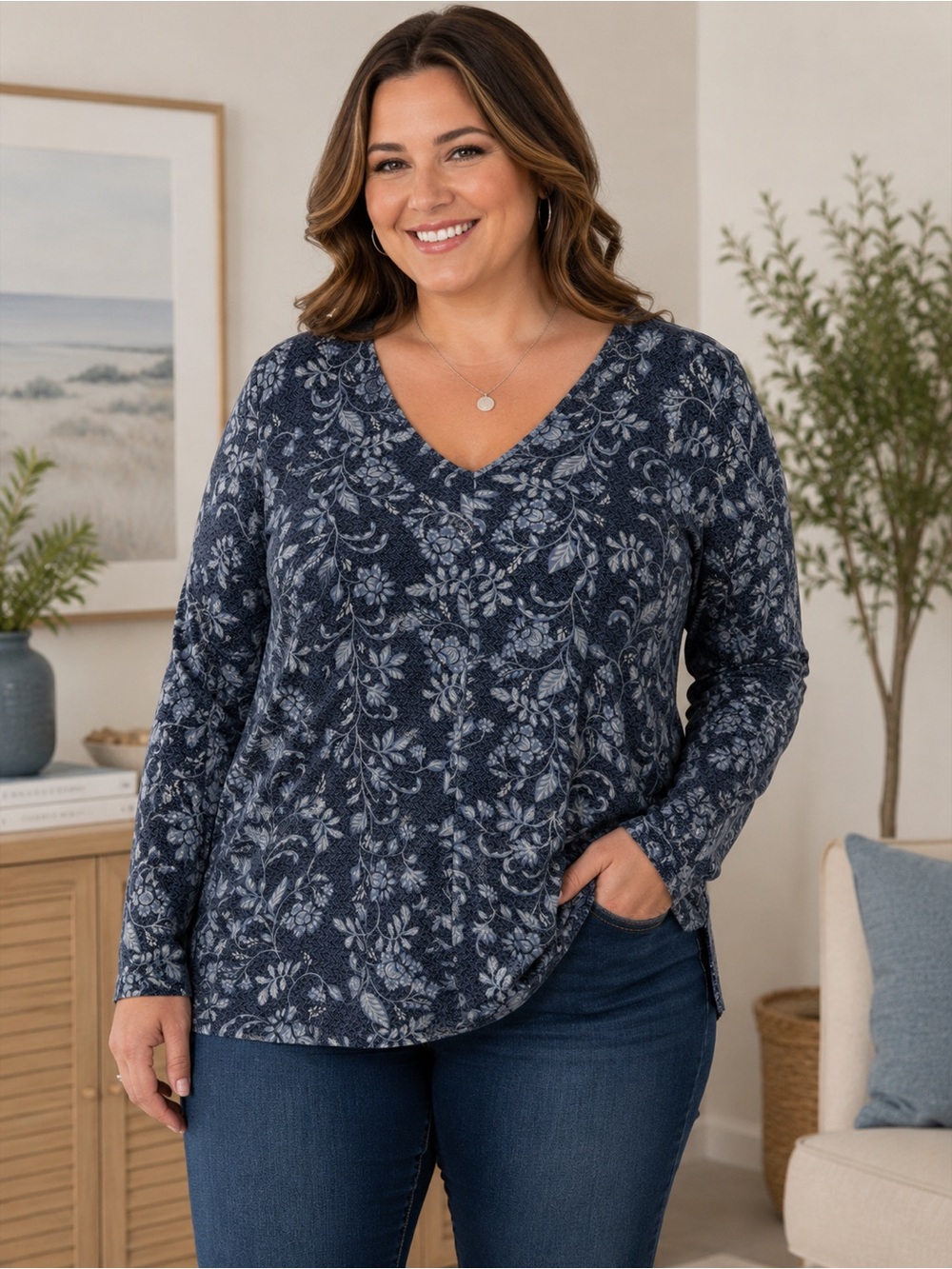 J. Jill Purejill Eco-Terry Blue V-Neck Long Sleeves Soft Knit Top 2X Cottagecore